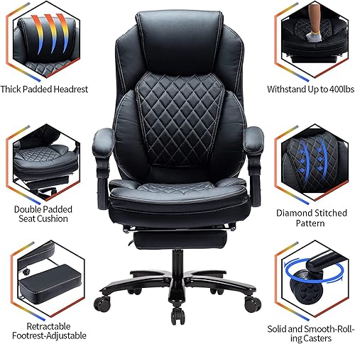Miniatura 5 de Sillas de escritorio grandes y altas de oficina en casa para personas pesadas de 400 libras, silla reclinable ergonómica con reposapiés asiento