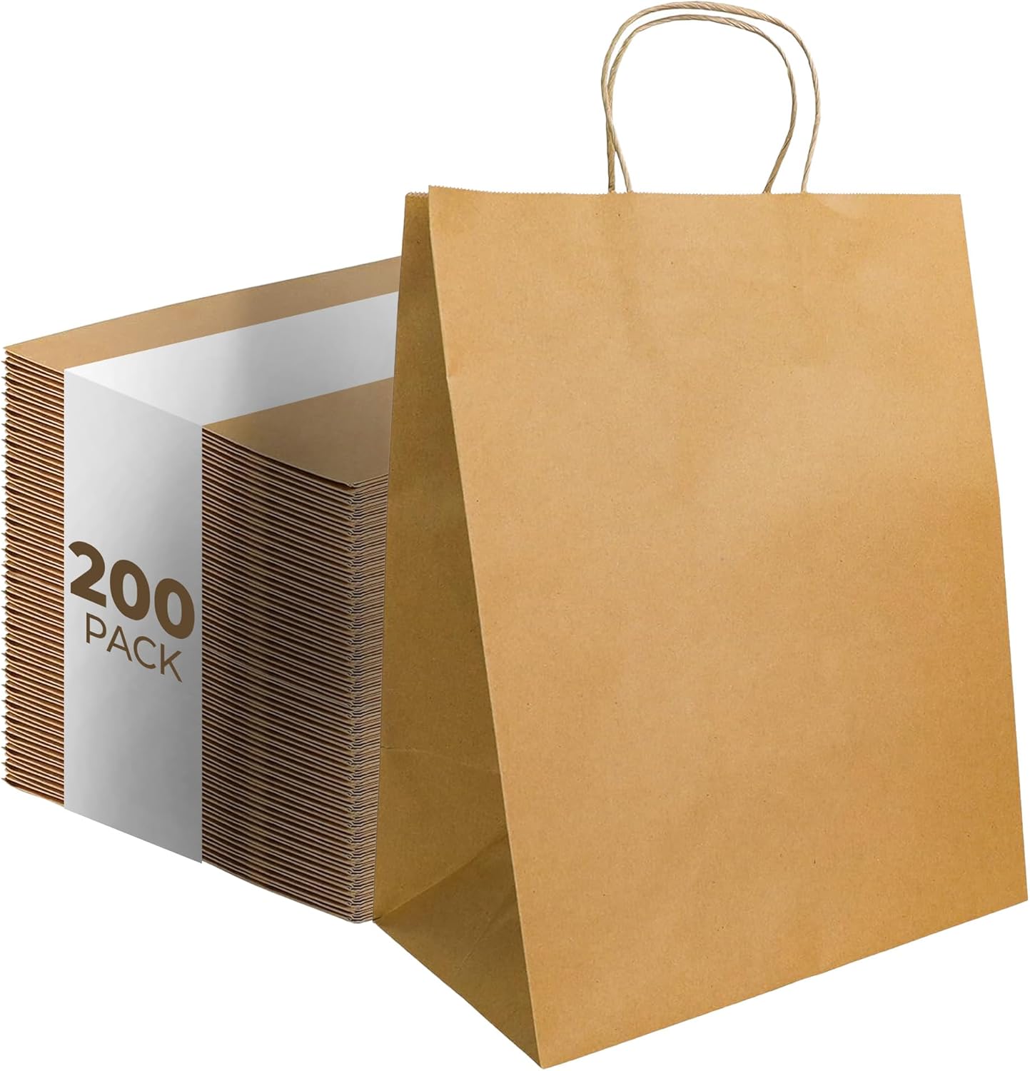 Natural Paper Regal Shopping Bags with Handles 12" x 9" x 15.75" - Recyclable Blank Brown Kraft Tote Bag for Food Service, Restaurant Takeout, Catering, Grocery Store, Holiday Gift Packaging - 200 Pack