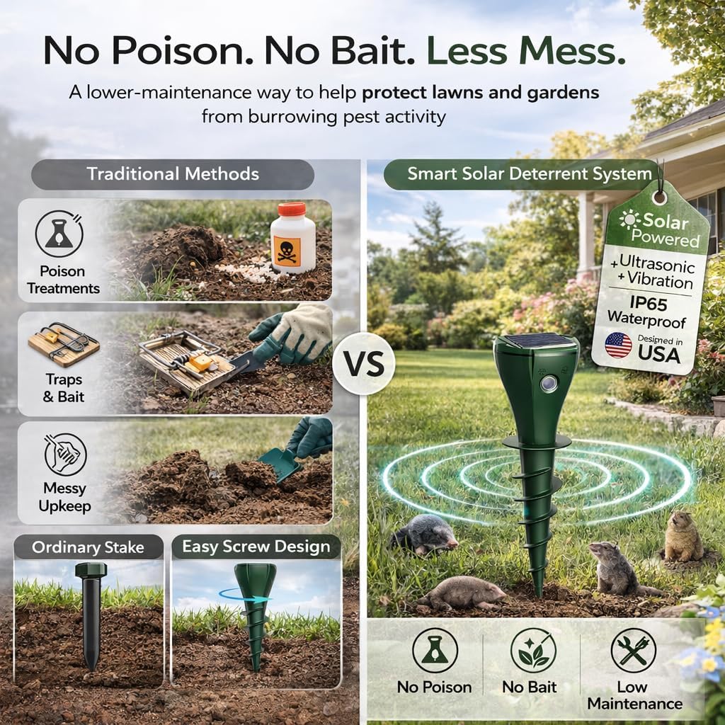 Solar Powered Mole Repellent Stakes, Ultrasonic & Vibration Deterrent for Moles, Gophers & Voles, IP65 Waterproof Outdoor Pest Repeller for Yard, Lawn & Garden, 4 Pack