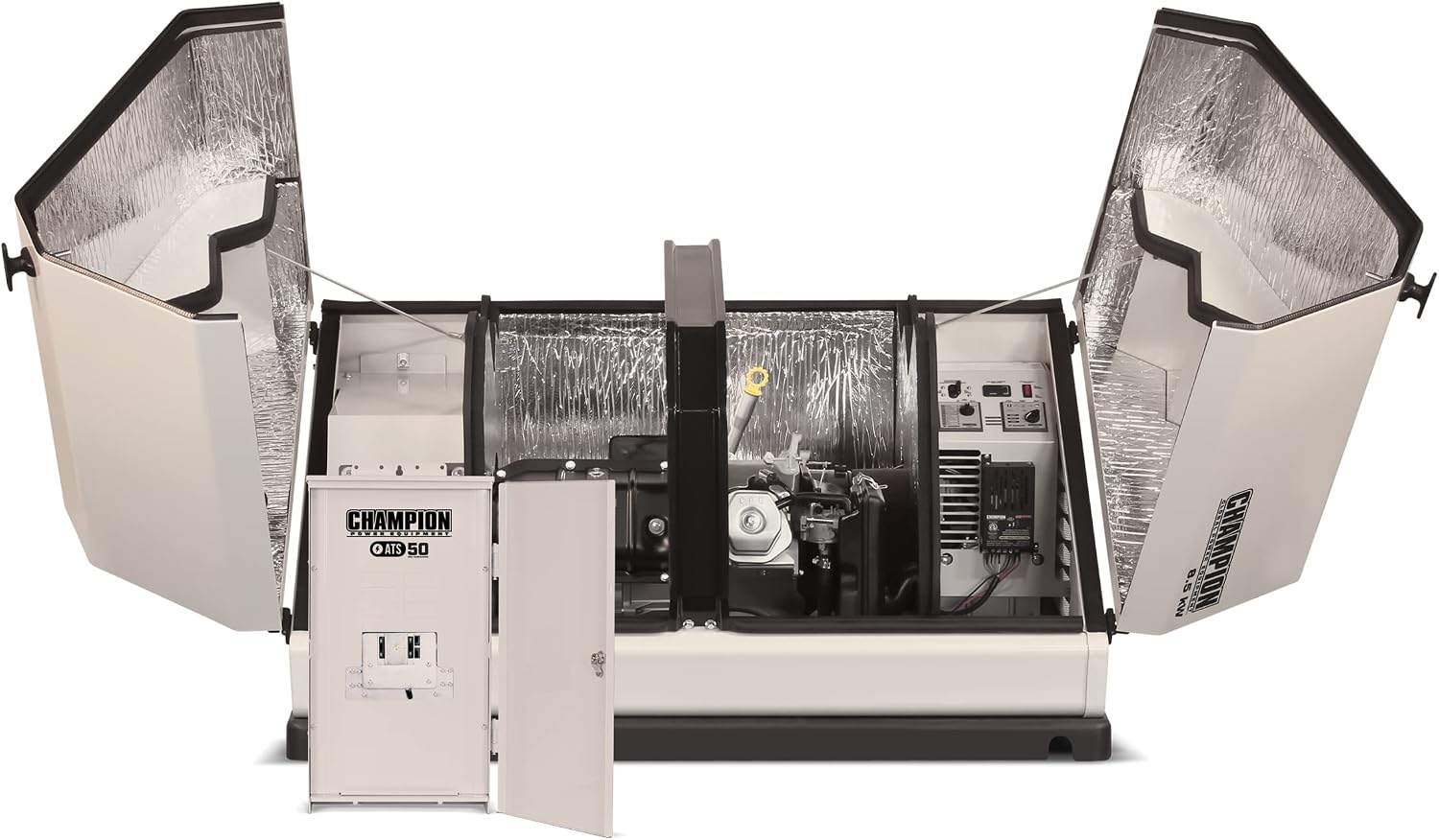 Champion home standby generator with gull-wing doors open showing the engine