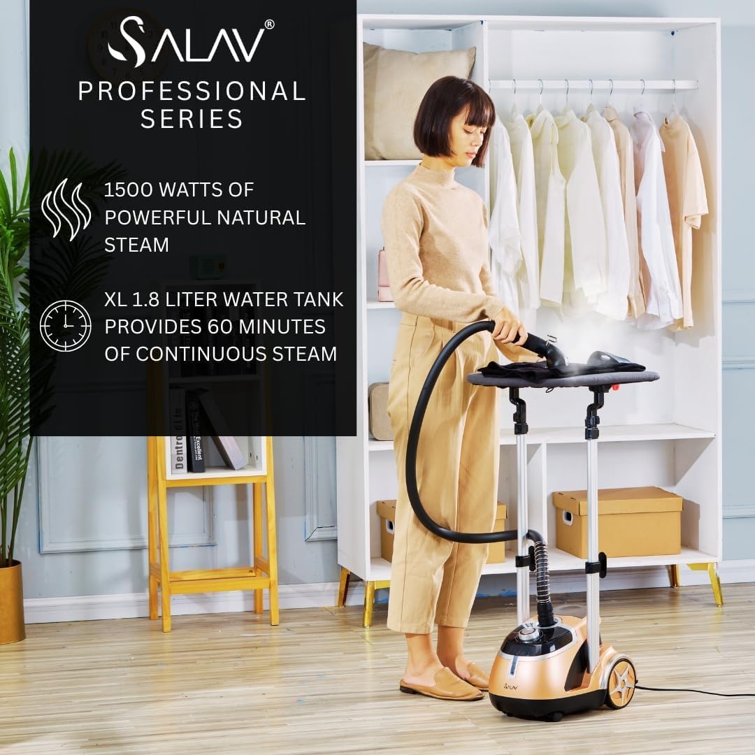 SALAV® Professional Garment Steamer with Built-in Ironing Board, 4 Steam Settings, Chrome Finish & Stainless Steel Steam Plate with Wheels for Easier Movement, 1500-watts (Renewed)
