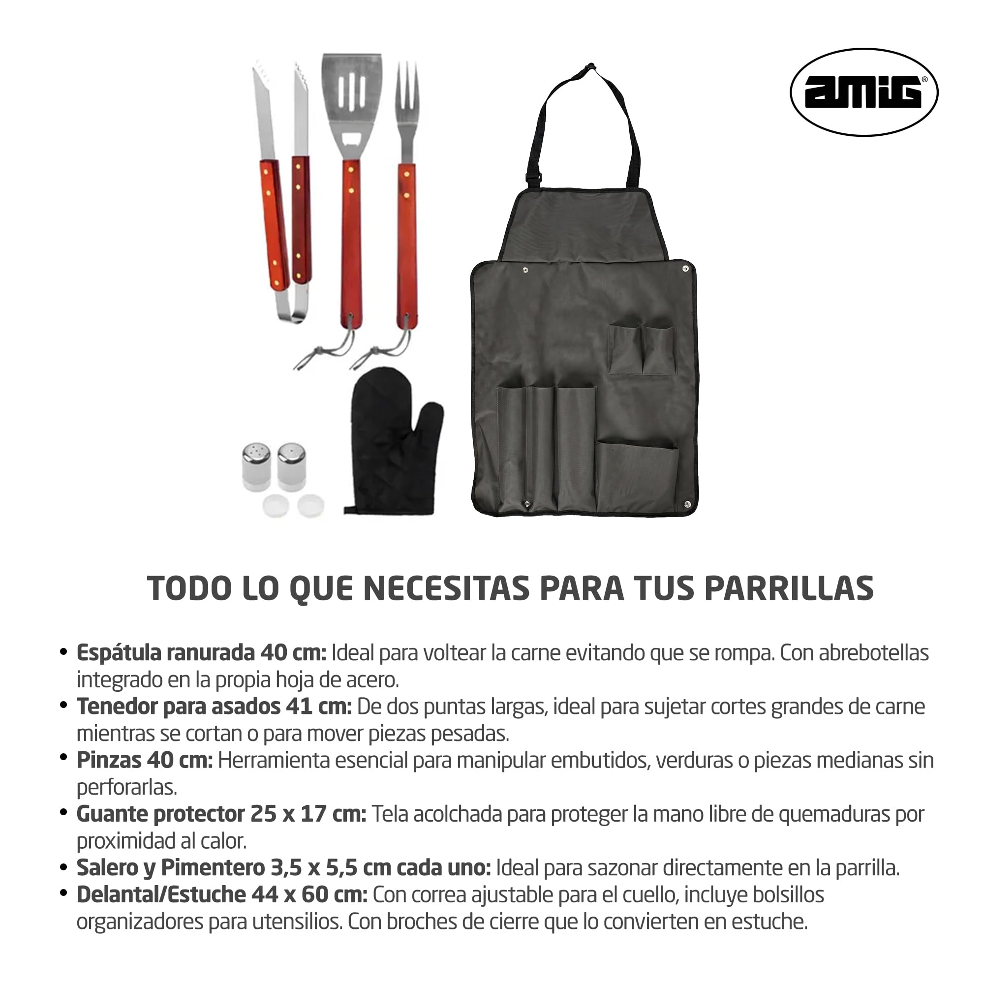 Amig - Delantal Barbacoa con 7 Accesorios - Acero Inoxidable - Set Utensilios BBQ - con Bolsillos - Accesorios Prácticos y Presentación Cuidada para Regalo - Mod. AM17