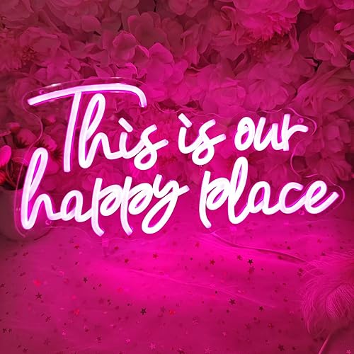 Letrero de pared de neón con texto en inglés This is Our Happy Place para boda, fiesta, hogar, bar, decoración de dormitorio infantil, regalo de