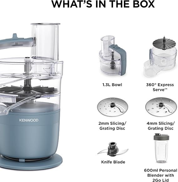 Kenwood MultiPro Go Blend – Multifunction Food Processor with Express Serve, Stainless Steel Blade, Slicing & Grating Discs, 600 ml Personal Blender, Pulse Function, Storm Blue (FDP23.380GY)