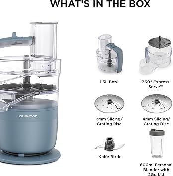 Kenwood MultiPro Go Blend – Multifunction Food Processor with Express Serve, Stainless Steel Blade, Slicing & Grating Discs, 600 ml Personal Blender, Pulse Function, Storm Blue (FDP23.380GY)