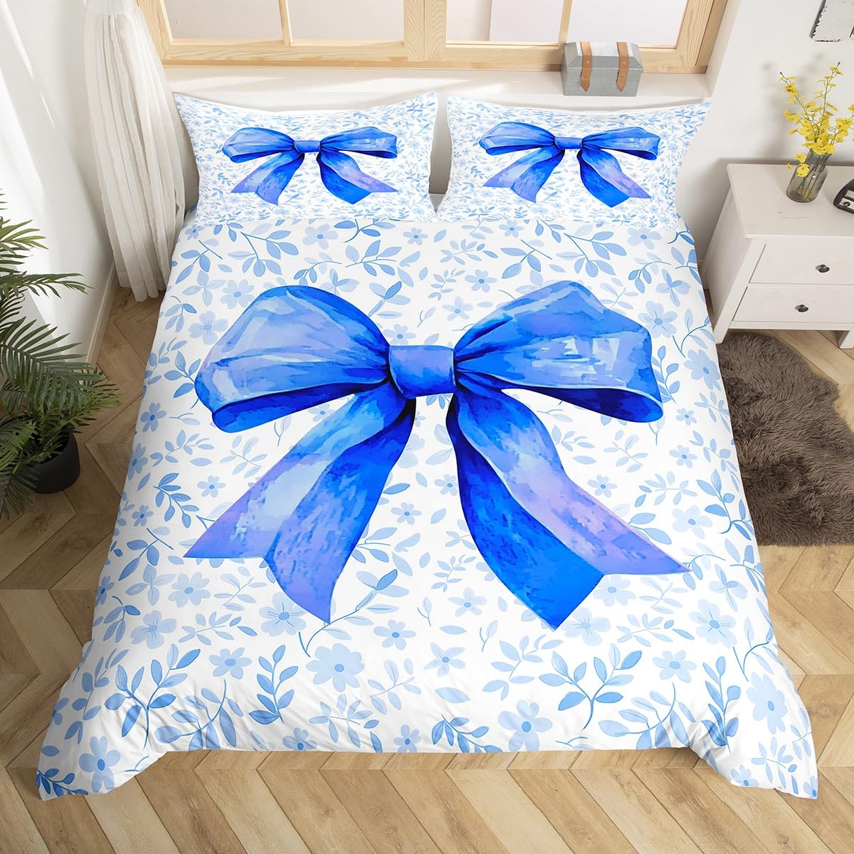 Homewish Blue Bow Bedding Set For Kids Boys Girls Teen,Bowknot Comforter Cover Cute Bow Tie Duvet Cover Double Watercolor Flower Plant Quilt Cover Room Decor 2 Pillow Cases — image 1