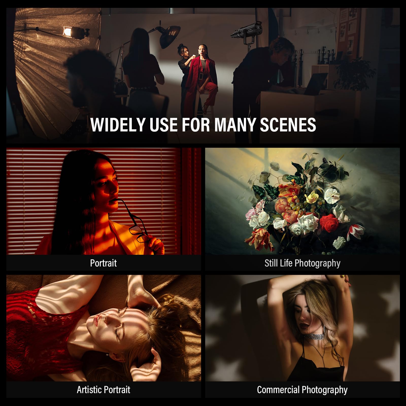Soonpho Snoot LED con Enfoque óptico con Montura Bowens,Proyector GOBO de Aluminio Bowens con 5 Filtros de Color y 35 Patrones GOBO para Luz LED Monolight,Foco,Flash de Estudio y Luz Continua