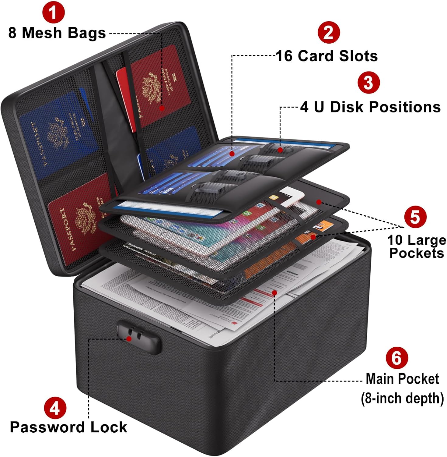 ENGPOW Large Document Organizer with Lock (15" x 11" x 8"), 4-Layer Fireproof ＆ Water-Resistant Safe Bag File Organizer Storage for Important Documents, Certificates, Laptop, Passports, Black