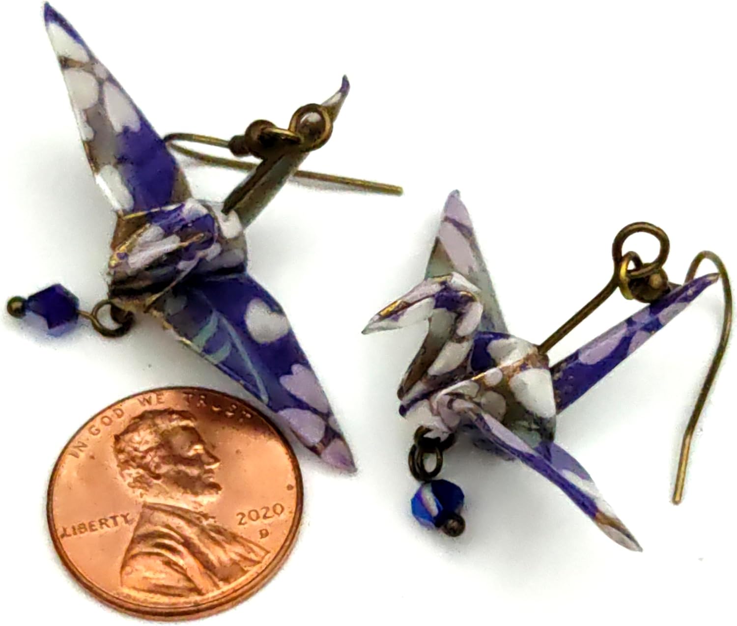 Lavender Purple Gold Origami Good Luck Paper Crane & Glass Bead Lightweight Earrings, Birthday Gift
