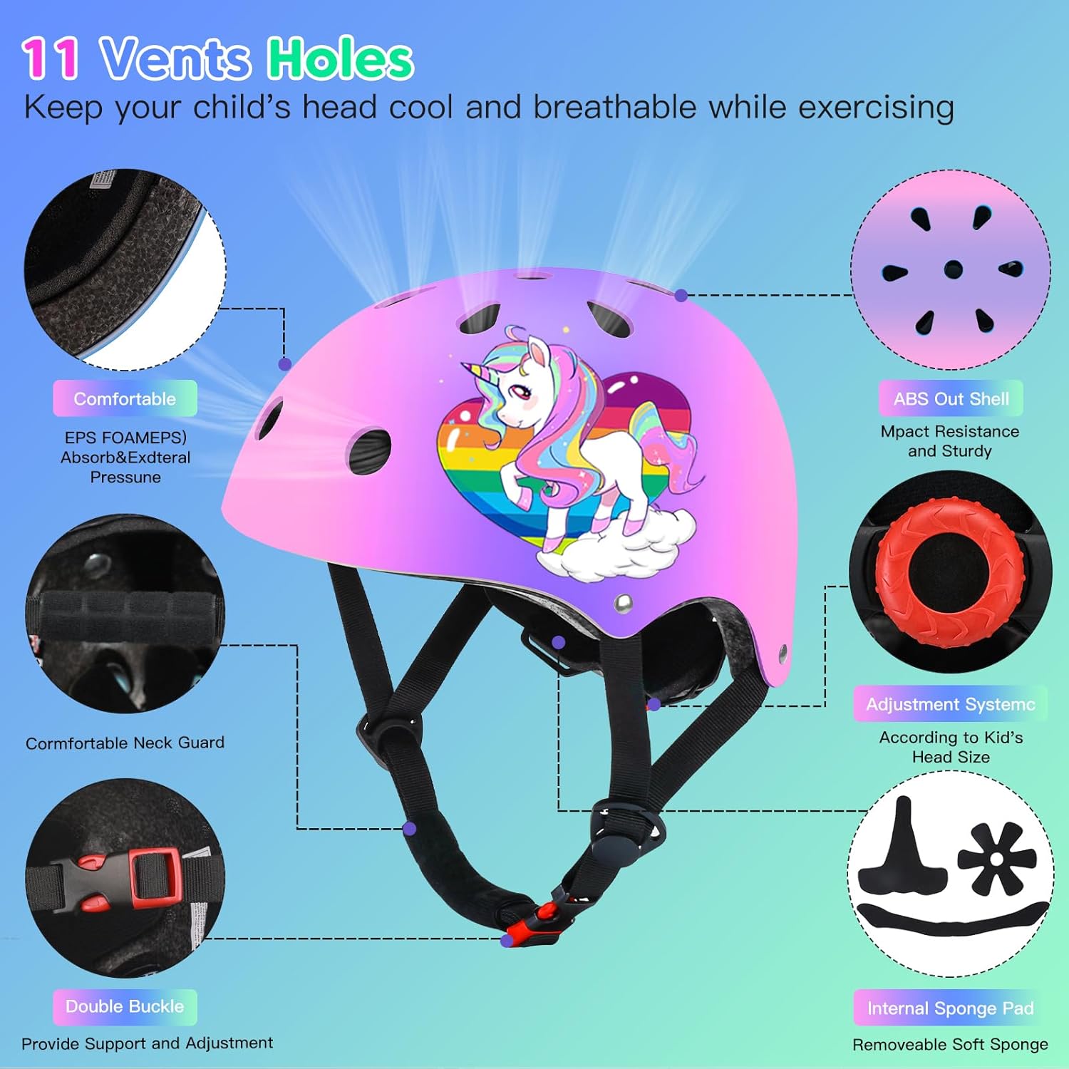 Toddler Kids Bike Helmet Set for Boys Girls Color Gradient Adjustable Skateboard Helmet Protective Gear Set Knee Elbow Wrist Pads for Bike, Roller, Scooter, Cycling, Balance and More Sports