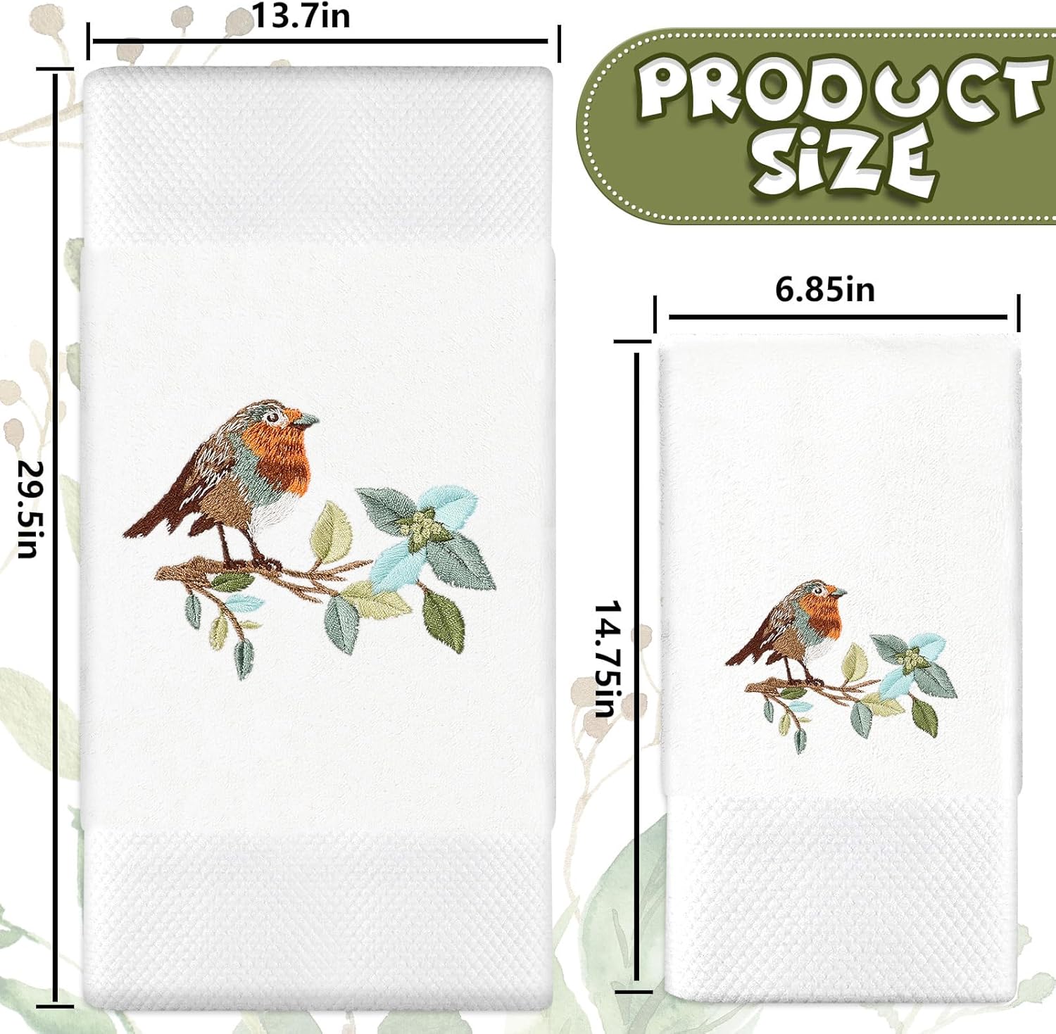 JarThenaAMCS 2Pcs Bird Hand Towels Branch Leaves Bird Embroidered Cotton Bathroom Towels Dish Towels with Ribbons for Drying Cleaning Cooking Gift, 29.5 x 13.7 Inch - Image 2