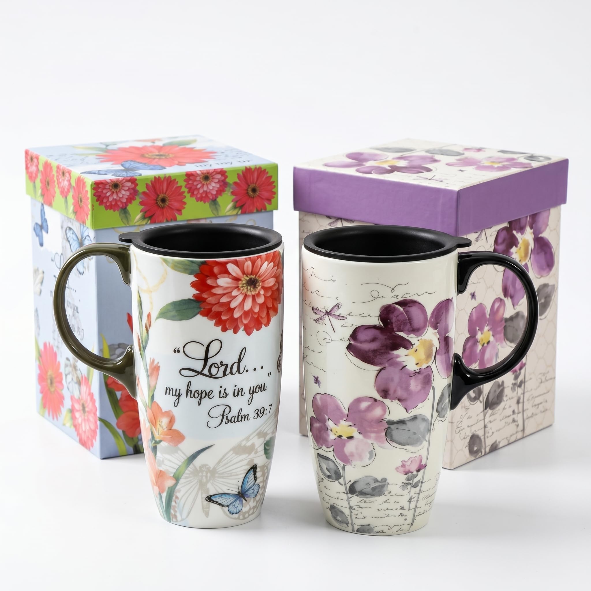 Topadorn Ceramic Travel Mug 17oz 2 Pack with Lid and Gift Box, Floral Print — image 1
