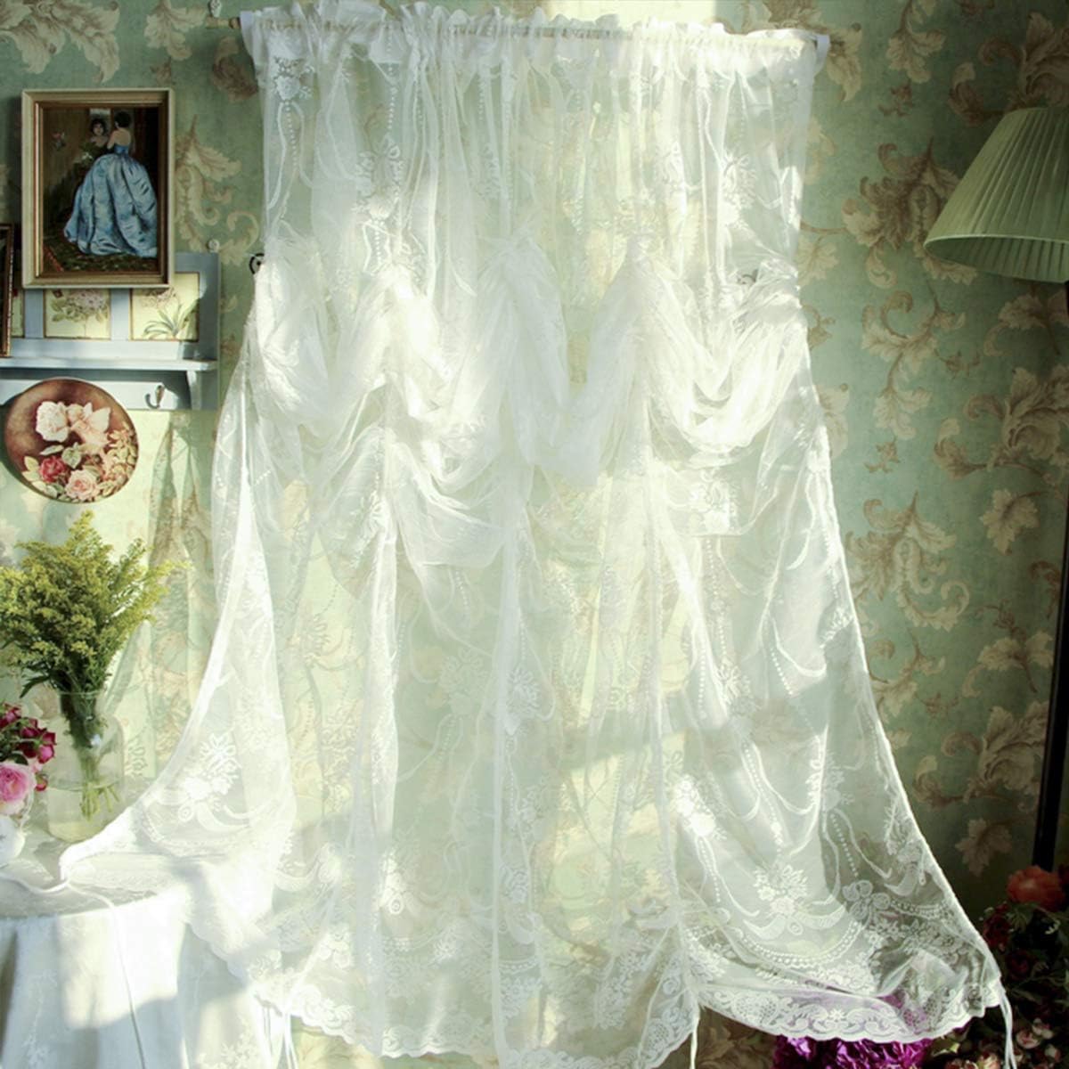 FADFAY Balloon Curtain Adjustable Tie-Up Off White Lace Semi Sheer Window Curtain Shade European Style Embroidered for Living Room Bedroom 1 Panel 78''59''