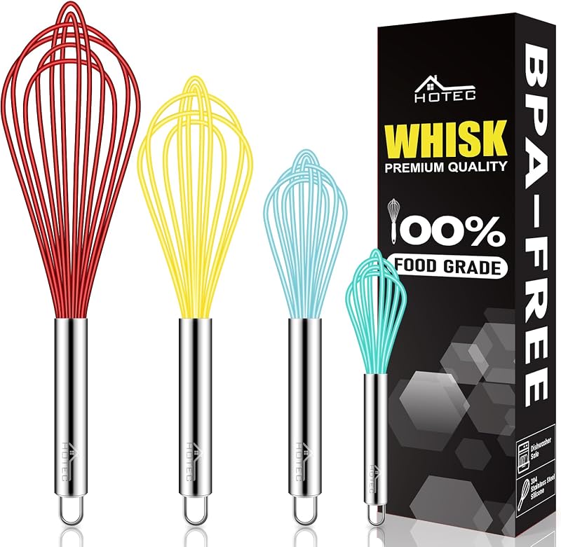 HOTEC Juego de batidores de silicona de 4 piezas, batidores de globo de alambre para cocinar batidor de huevos, batidor con mango antideslizante para utensilios de cocina antiadherentes, perfecto para cocinar, revolver, batir y mezclar (multicolor)