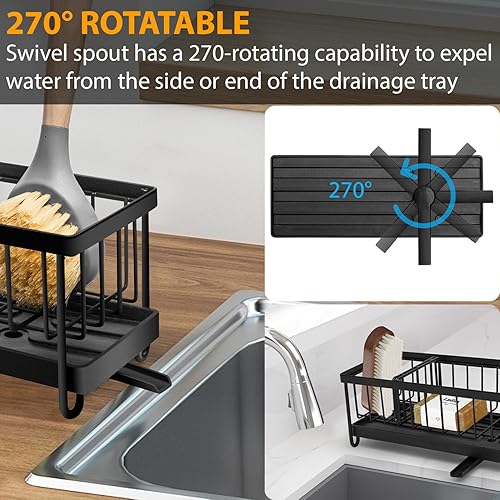 Miniatura 4 de KSEV Organizador de fregadero con bandeja de drenaje ajustable con boquilla automática (acero inoxidable inoxidable), organizador de fregadero de