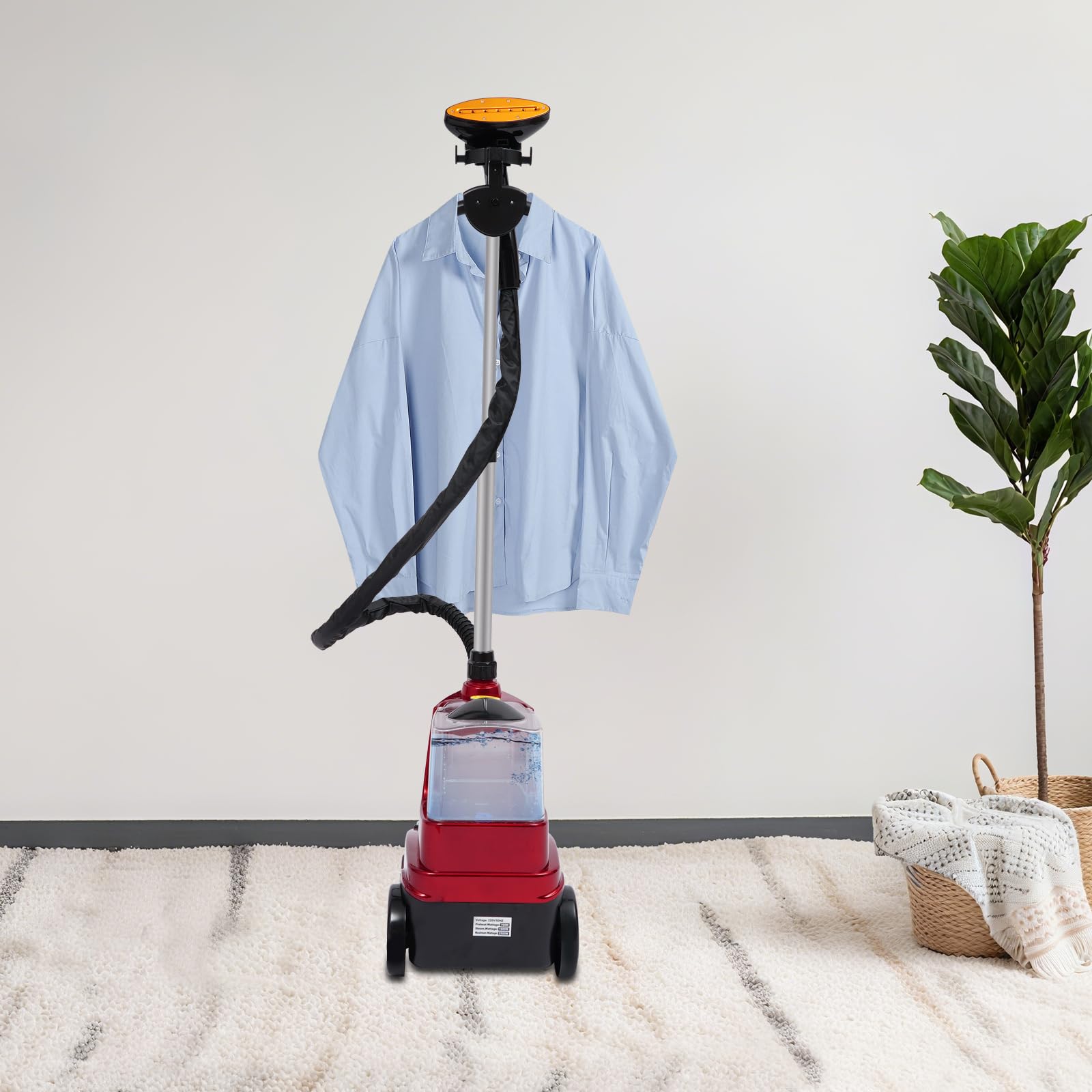 Plancha de vapor vertical de 2500 W (70 g/min), depósito de agua de 3 litros y altura ajustable (0,8 – 1,8 m), cepillo de vapor de 3 niveles con tiempo de calentamiento de 50 segundos, vapor rojo