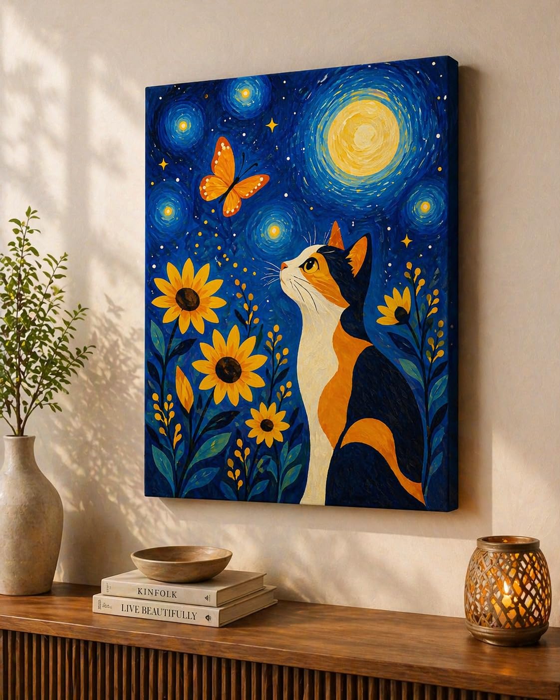 Oil Painting on Stretched Canvas, Moonlight Cat | Handmade Original, Van Gogh Style, Sunflowers & Butterfly, Multiple Sizes Available, Ready to Hang-picture-17