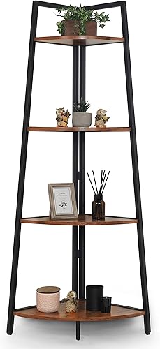 Miniatura 9 de CAPHAUS Estante de esquina alto, estantes de exhibición de 4 niveles, estantería de almacenamiento de madera con marco de metal, estantería versátil