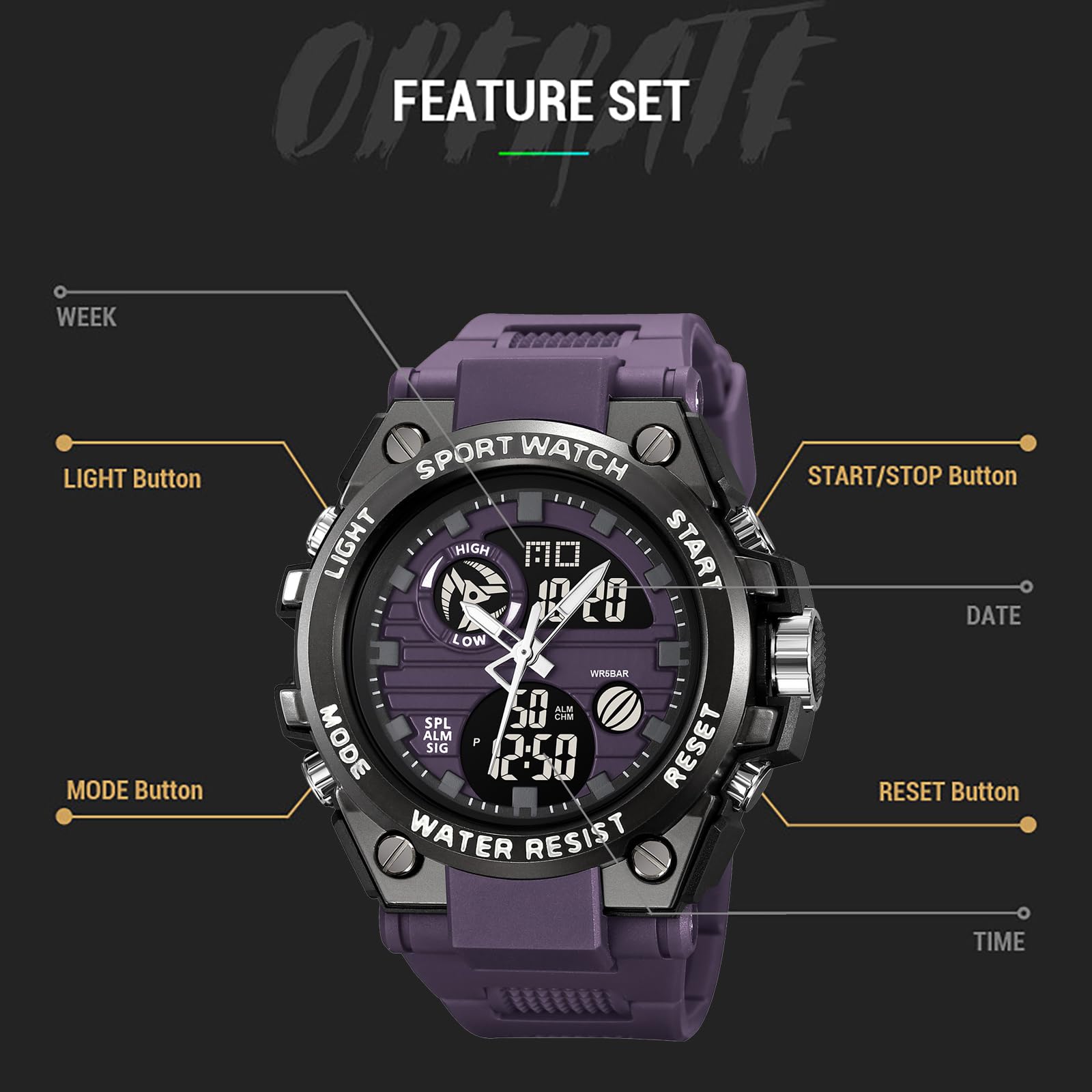 findtime Orange - Reloj de pulsera militar para hombre, resistente al agua, analógico, digital, diseño colorido, reloj de exterior, alarma, cronómetro, para hombres y jóvenes