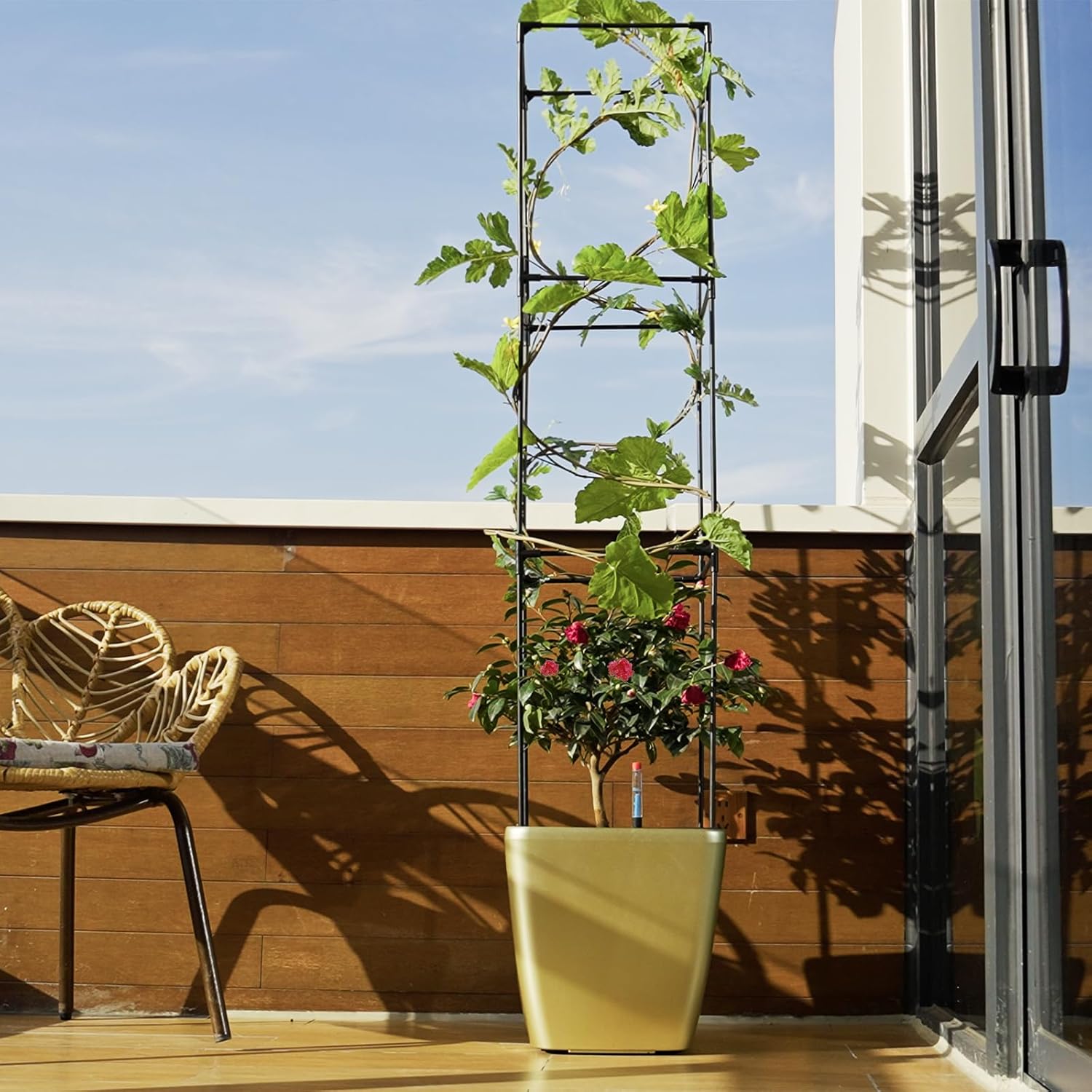 DoCred Self Watering Tomato Planter with Trellis, Large Flower Pot with Water Level Monitor, Square Garden Planters Plant Pots for Outdoor & Indoor Plants Flowers Decor, Gold