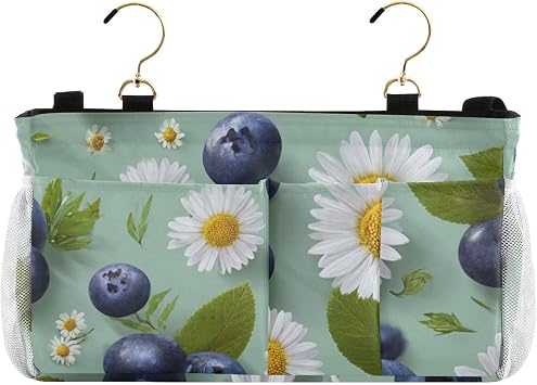 Bedside Caddy Metal Frame Hanging Organizer Bunk Bed Dorm Accessories Hook And Loop Storage Bag Large Pockets Blue Blueberries and Daisies