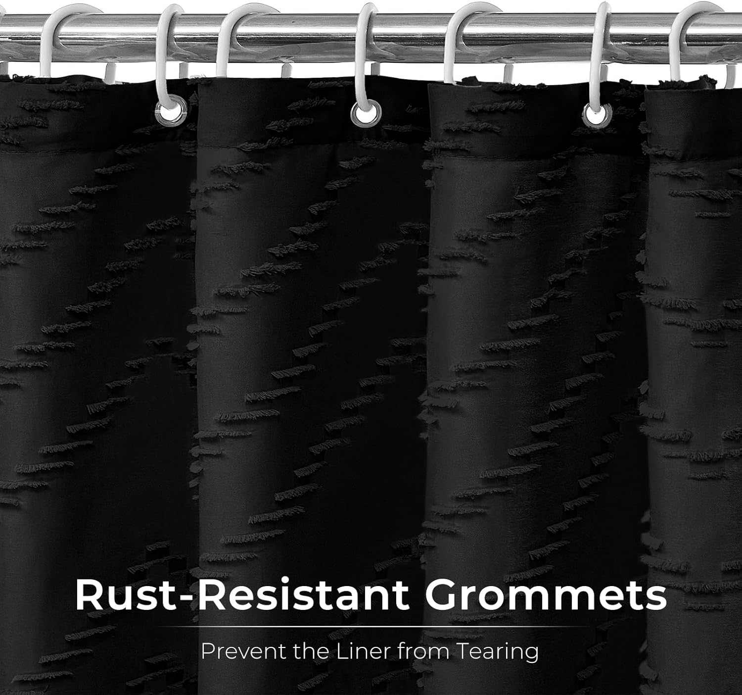 Extra Long Black Boho Shower Curtain 84 Inch Black Tufted Chevron Striped Fabric Shower Curtains for Bathroom Modern Shabby Chic Waterproof Cloth Shower Curtain Set with Hooks