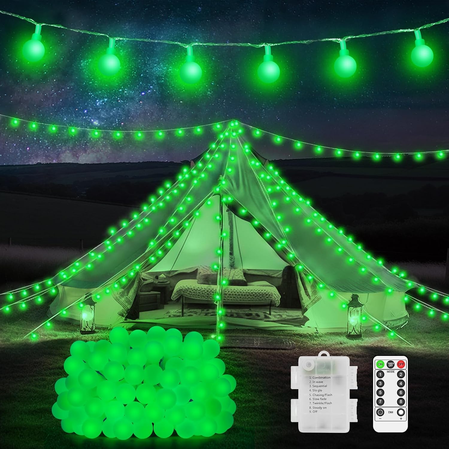12M 100 LED Fairy Lights Battery Operated Indoor Outdoor Waterproof Globe String Lights Christmas Lights with Remote Timer 8 Modes for Bedroom Outside Garden Patio Yard Party Decorations-Green