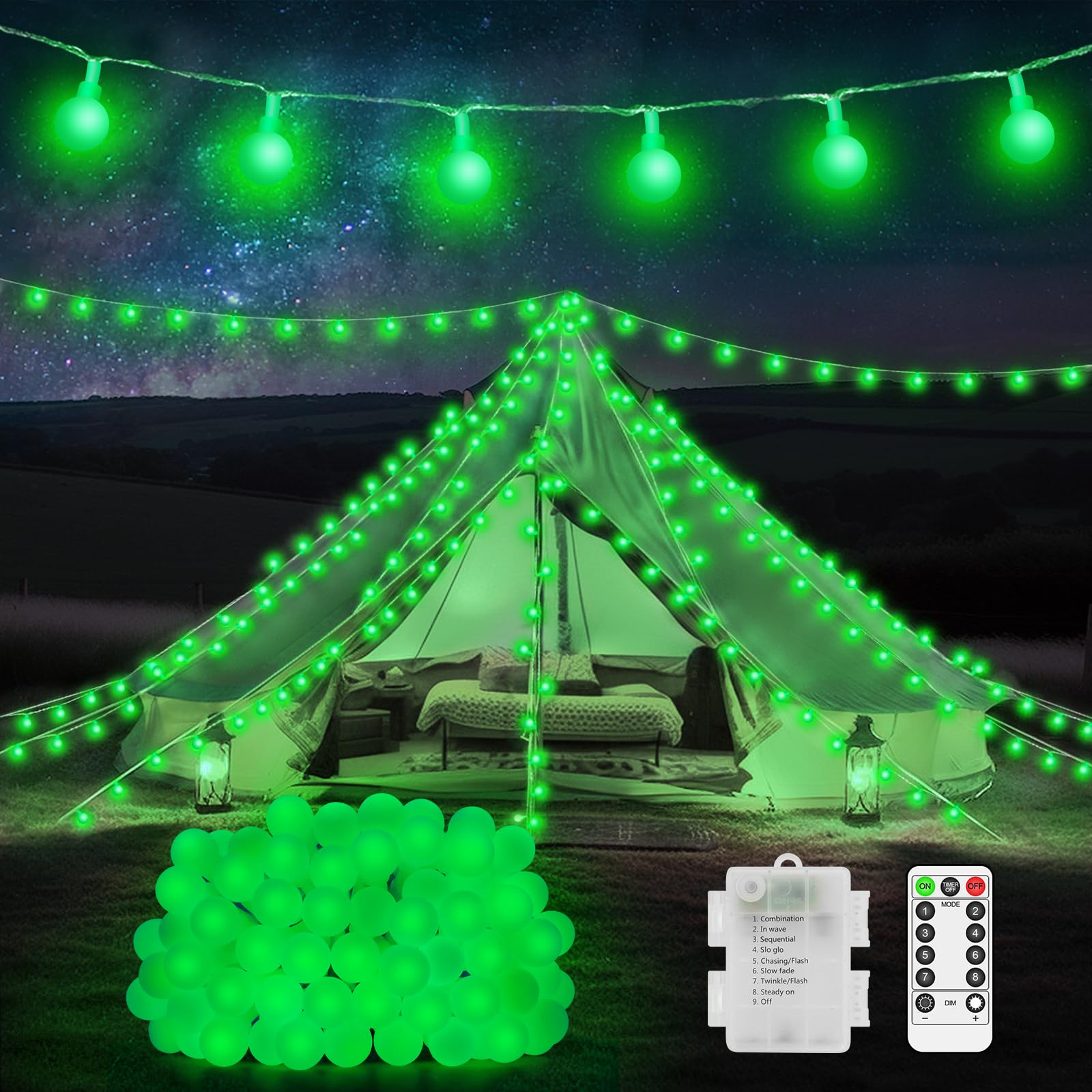 12M 100 LED Fairy Lights Battery Operated Indoor Outdoor Waterproof Globe String Lights Christmas Lights with Remote Timer 8 Modes for Bedroom Outside Garden Patio Yard Party Decorations-Green — image 1