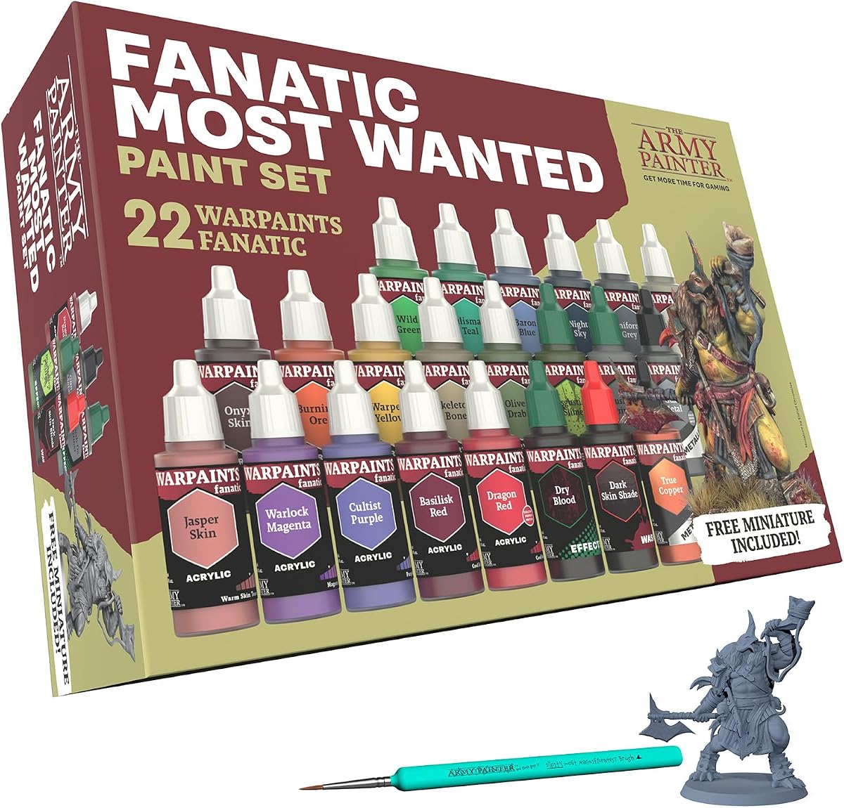 Warpaints Fanatic Most Wanted Combo Set, 22 x 18 ml | Model Paint Set incl. Skin Tones, Metallics, Effects, Wash, Primer, 1 Brush & 1 Miniature, Paint for DnD & Warhammer