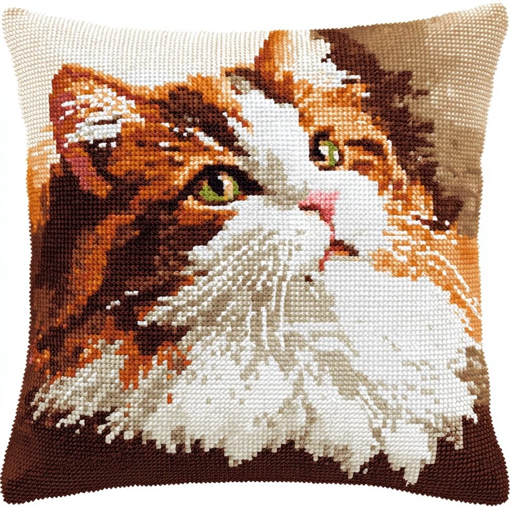FWRTYCB Latch Hook Pillow Kit,Brown White Cat Scottish DIY Needlework Pill
