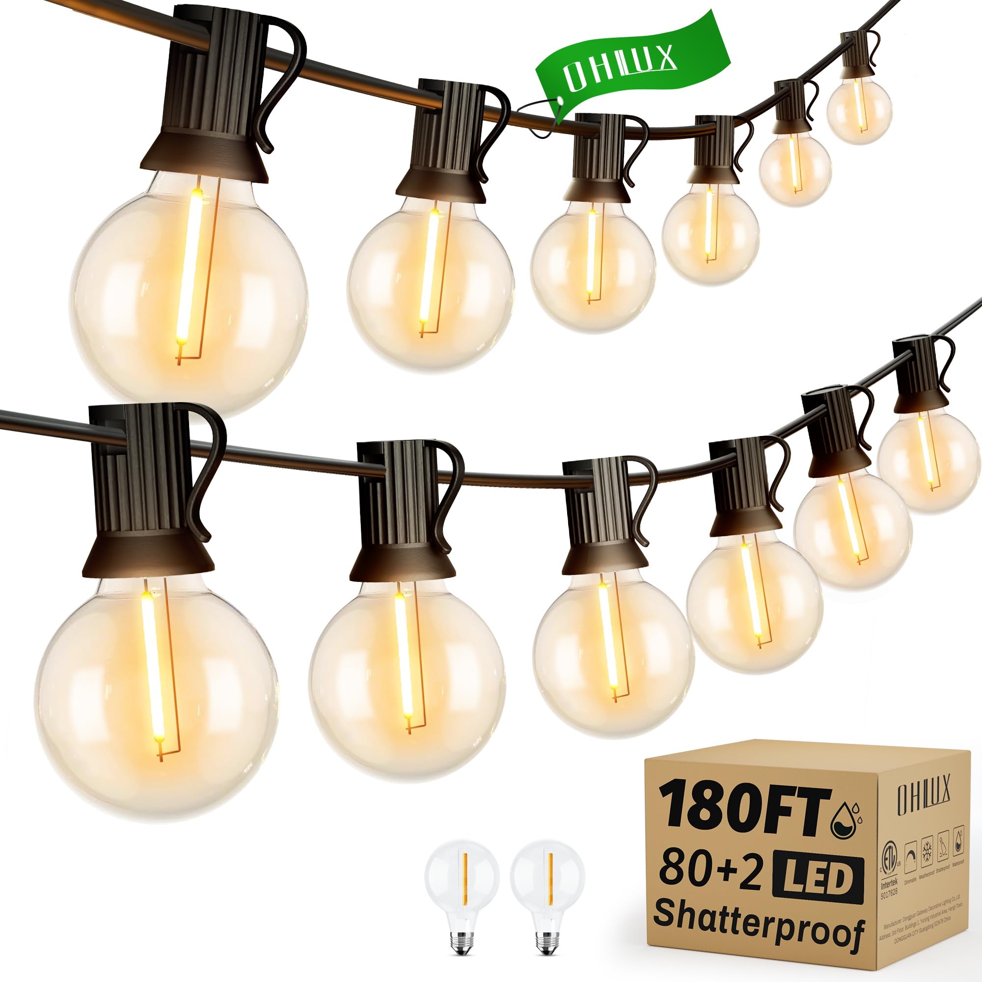 OHLUX 180FT/54m Outdoor Festoon Lights LED String Garden Lights Mains Powered with 82 G40 Bulbs, E12 Socket, 2200K Warm White, IP65 Waterproof, Connectable for Patio, Gazebo, Party — image 1