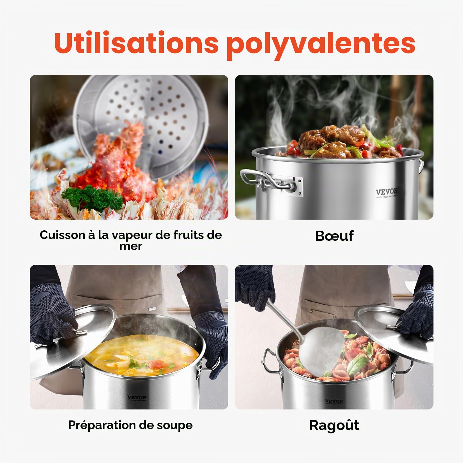 VEVOR Marmite en Acier Inoxydable 34 L avec Panier, Couvercle et Poignée, Faitout de Qualité Commerciale, Pot de Cuisson avec Traitement de Ponçage, Marmite Traiteur pour Grands Événements, Argent