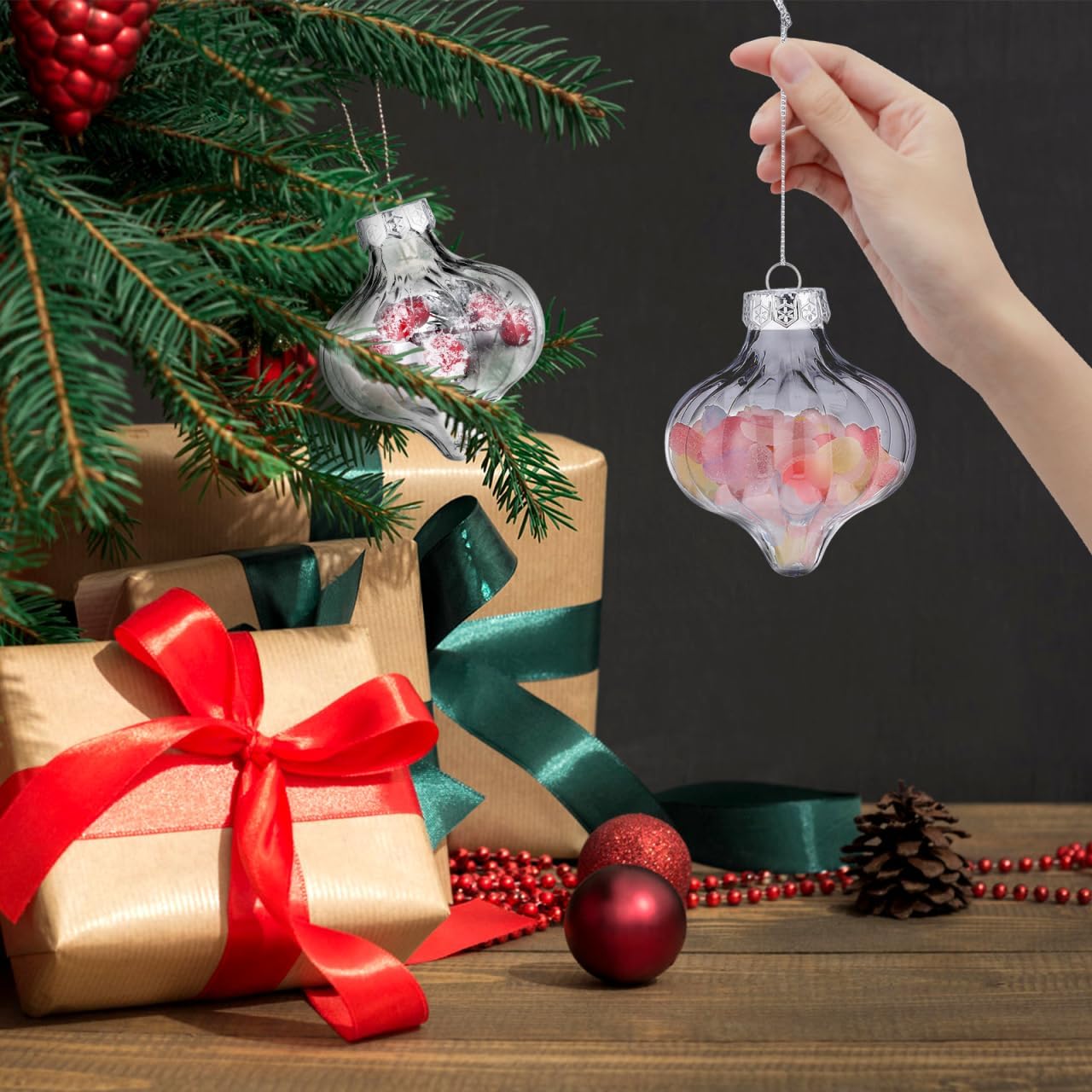 8pcs Christmas Booze Balls Clear Plastic Fillable Ornament Balls Removable Top Clear Hanging Ornaments DIY Onion Shape Craft for Christmas Tree Decors