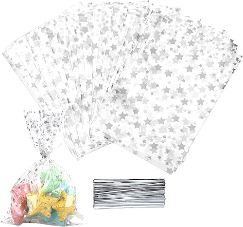 Miniatura 212 de COQOFA 100 bolsas de regalo de estrella rosa de 7 x 12 pulgadas, bolsas de regalo de celofán, bolsas de regalo de fiesta, bolsas de plástico Rosado