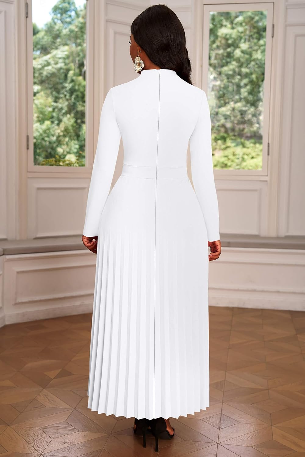 Nmoder Maxi Long Dress for Women, Casual Pleated Empire Waist Dresses Crewneck Long Sleeve - Image 5