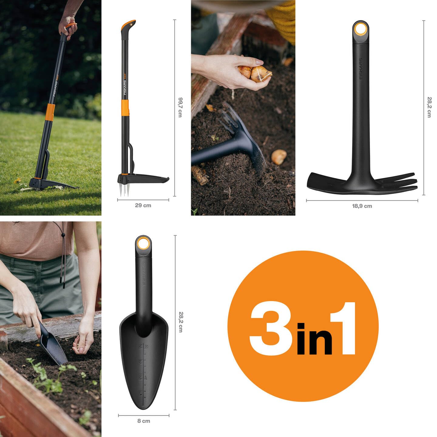 Fiskars Zestaw narzędzi ogrodniczych, 3-częściowy, chwastownik Xact, stal nierdzewna/plastik, solidna motyka i kielnia, plastik wzmocniony włóknem szklanym, czarny/pomarańczowy, 1077307