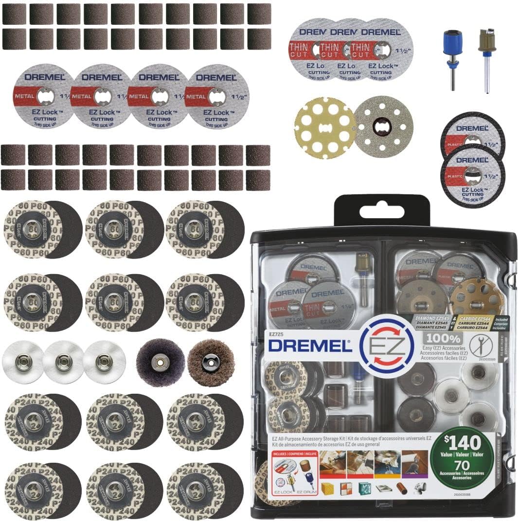 Dremel EZ725 70-Piece All-Purpose Rotary Tool Accessory Set With Storage Kit - EZ-Lock And EZ Drum For Faster Accessory Changes - Perfect for Cutting, Polishing, Cleaning, And Sanding