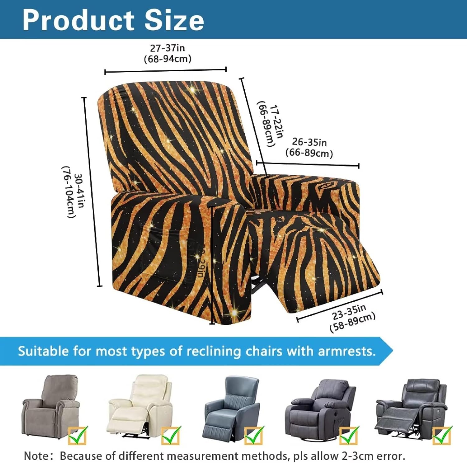 GLENLCWE Tiger Print Recliner Covers 4 Pieces Recliner Cover Stretch Cover para Sofa Lazy Boy, Orange Sofa Covers for Dogs Cats Reading Room Furniture