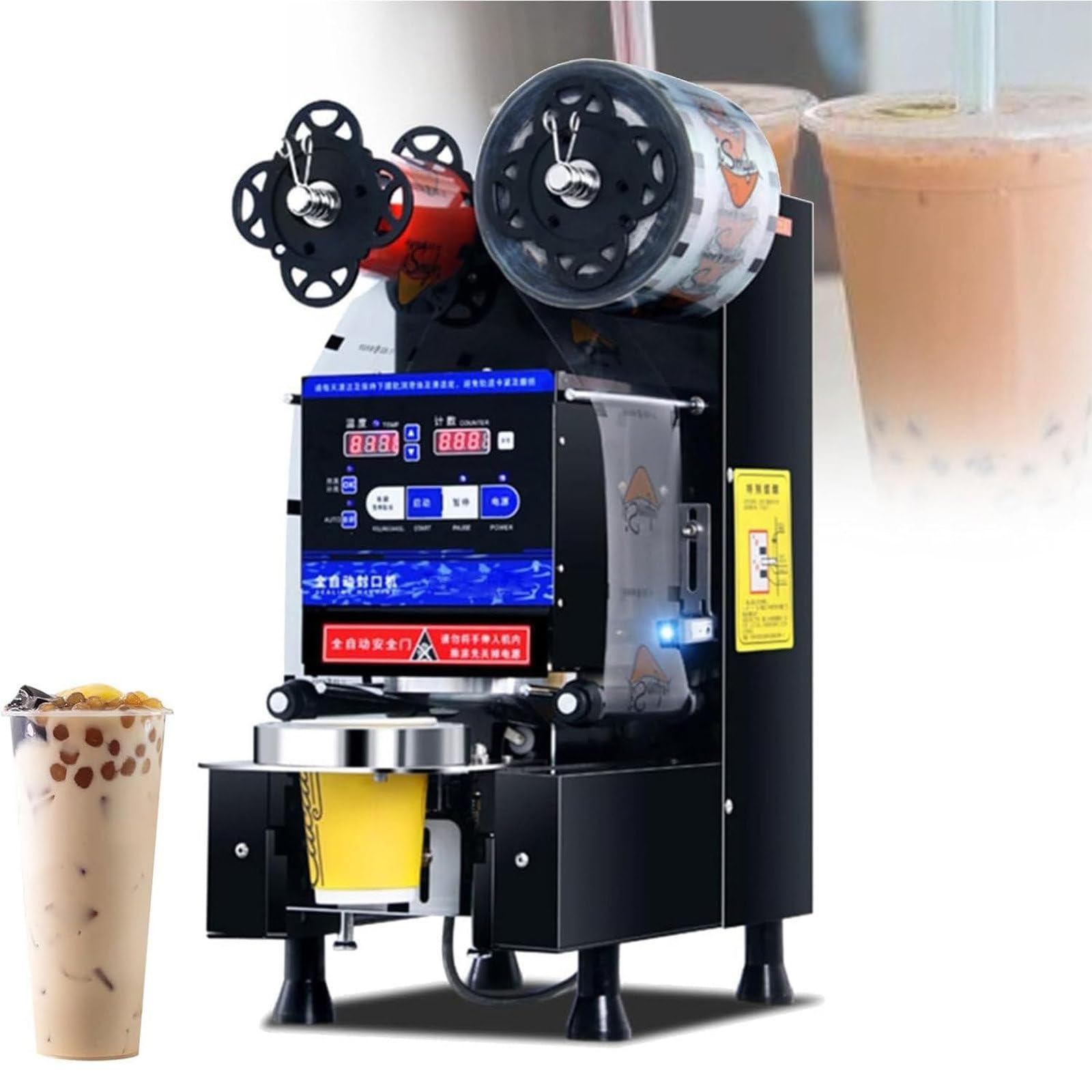Máquina selladora de Vasos Totalmente automática Comercial, máquina selladora de té con Leche y Burbujas de 350 W con Panel LED de Control Digital, para Sellado de Vasos de PP, PE,Black
