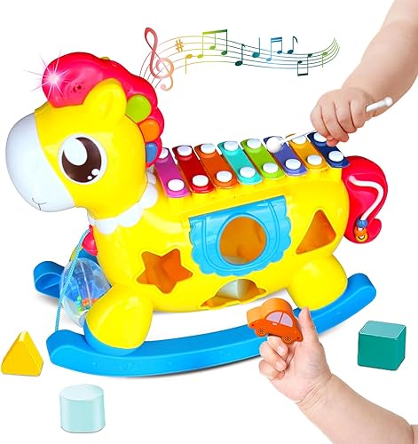 Xilófono para bebés de 1 a 3 años, xilófono de juguete de caballo mecedor para niños con tres teclas de piano y mazo seguro para niños,