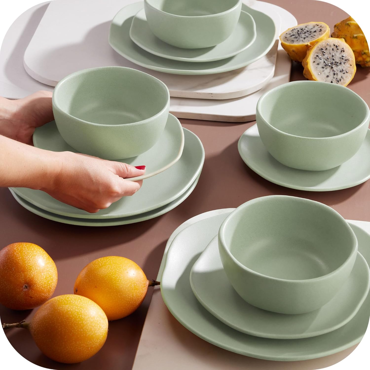 Corona Olivo ceramic dinnerware Set 12–piece, Plates and Bowls, Sets for 4, organic shape, light green.