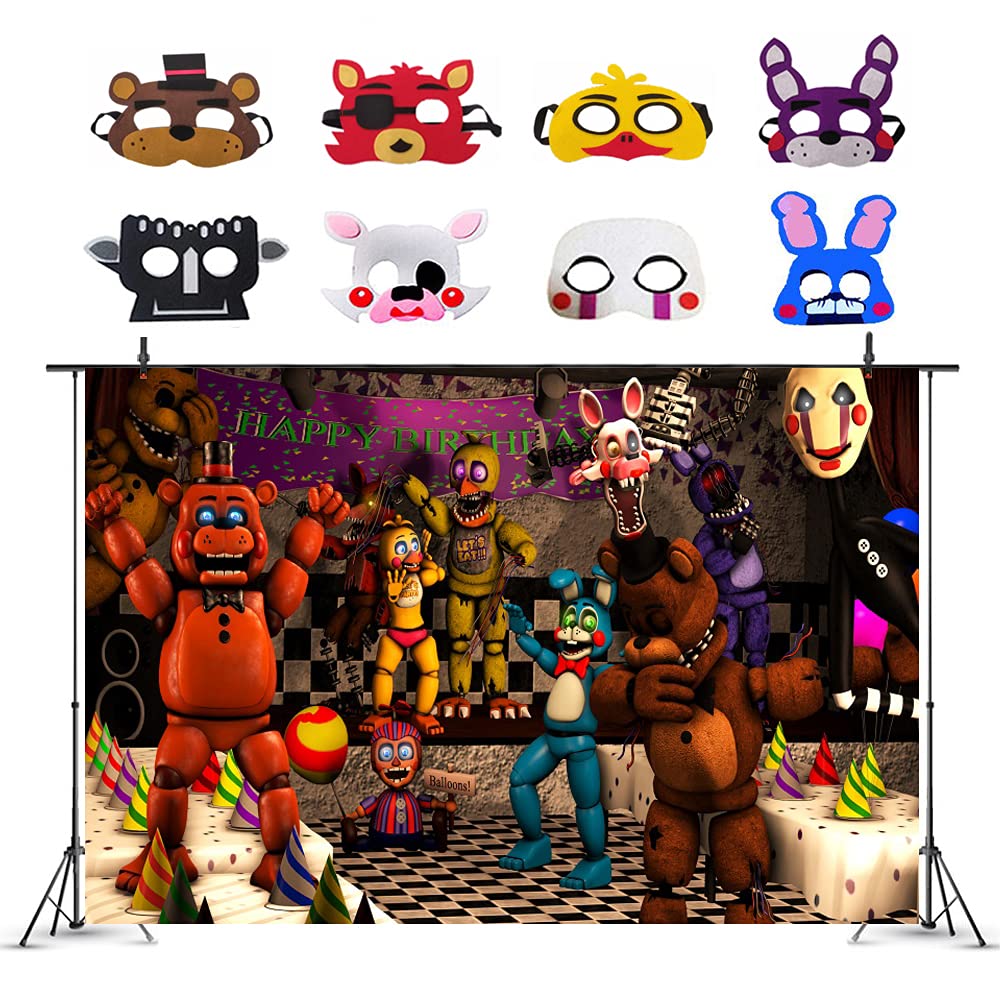 Five Nights at Freddys Backdrop, Birthday Party Supplies for Kids Photo Background and 8 Pcs Cosplay Masks Party Decorations