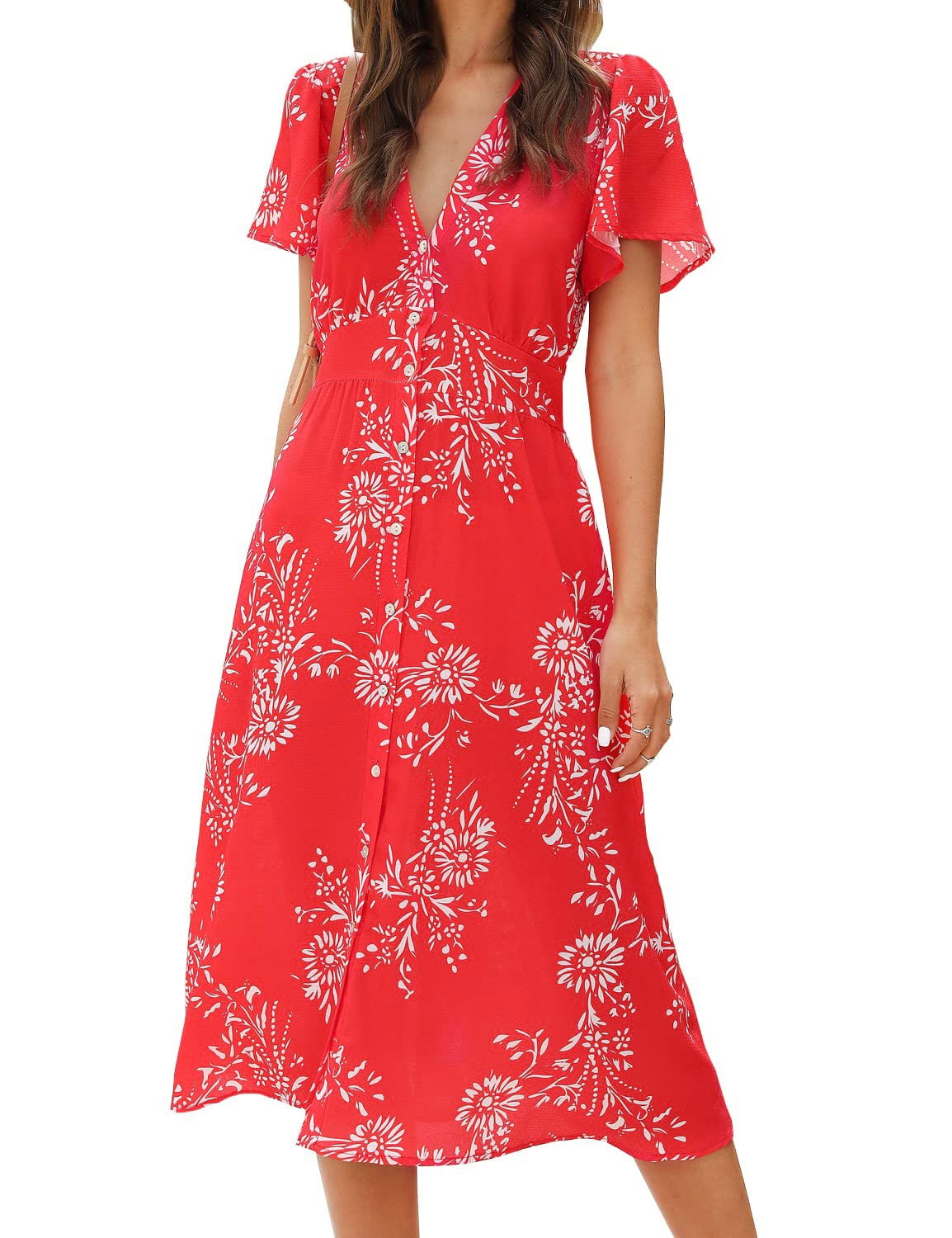 FANCYINN Ladies Summer Dress Vestido Floral con Cuello en V y Mangas largas abotonadas, Vestido Midi Casual con Bolsillos