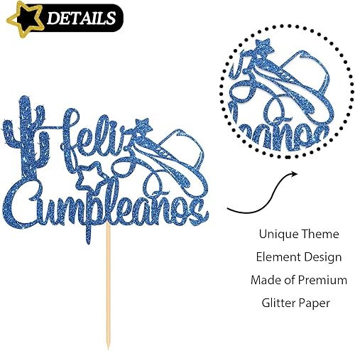 Miniatura 3 de Feliz Cumpleaños - Decoración para tartas de feliz cumpleaños, temática occidental, decoración de pasteles de fiesta de cumpleaños, purpurina azul