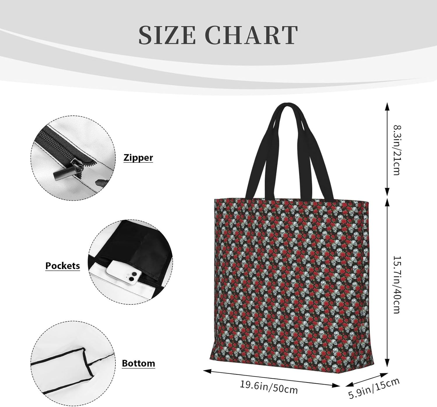 Skull And Red Rose Print Eco-Friendly Tote Lightweight Grocery Bag Daily Commuting Travel Beach Gym Use