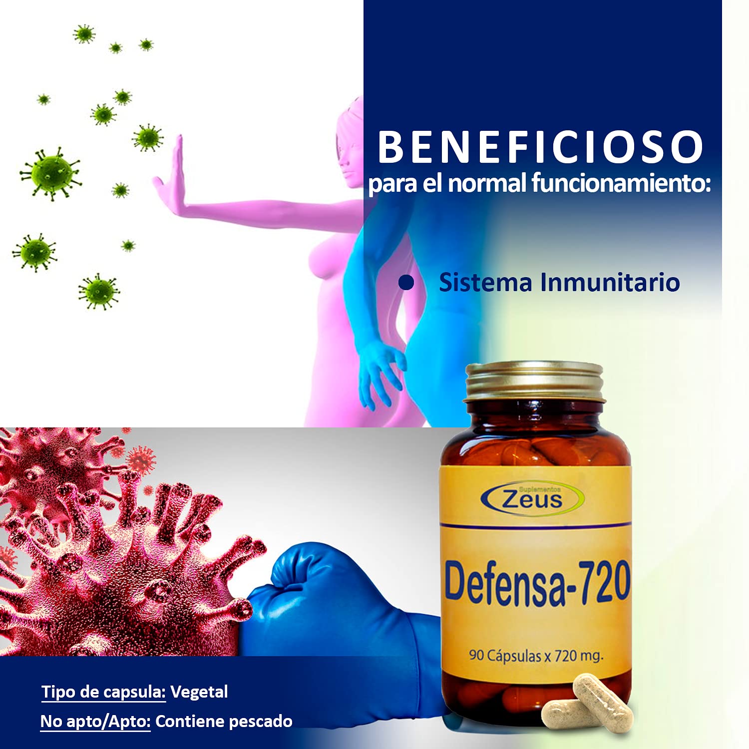 DEFENSA-720 | Contribuye al normal funcionamiento del sistema inmunitario | Complemento Alimenticio a base de Calostro bovino y Hongos | 90 Cápsulas Vegetales