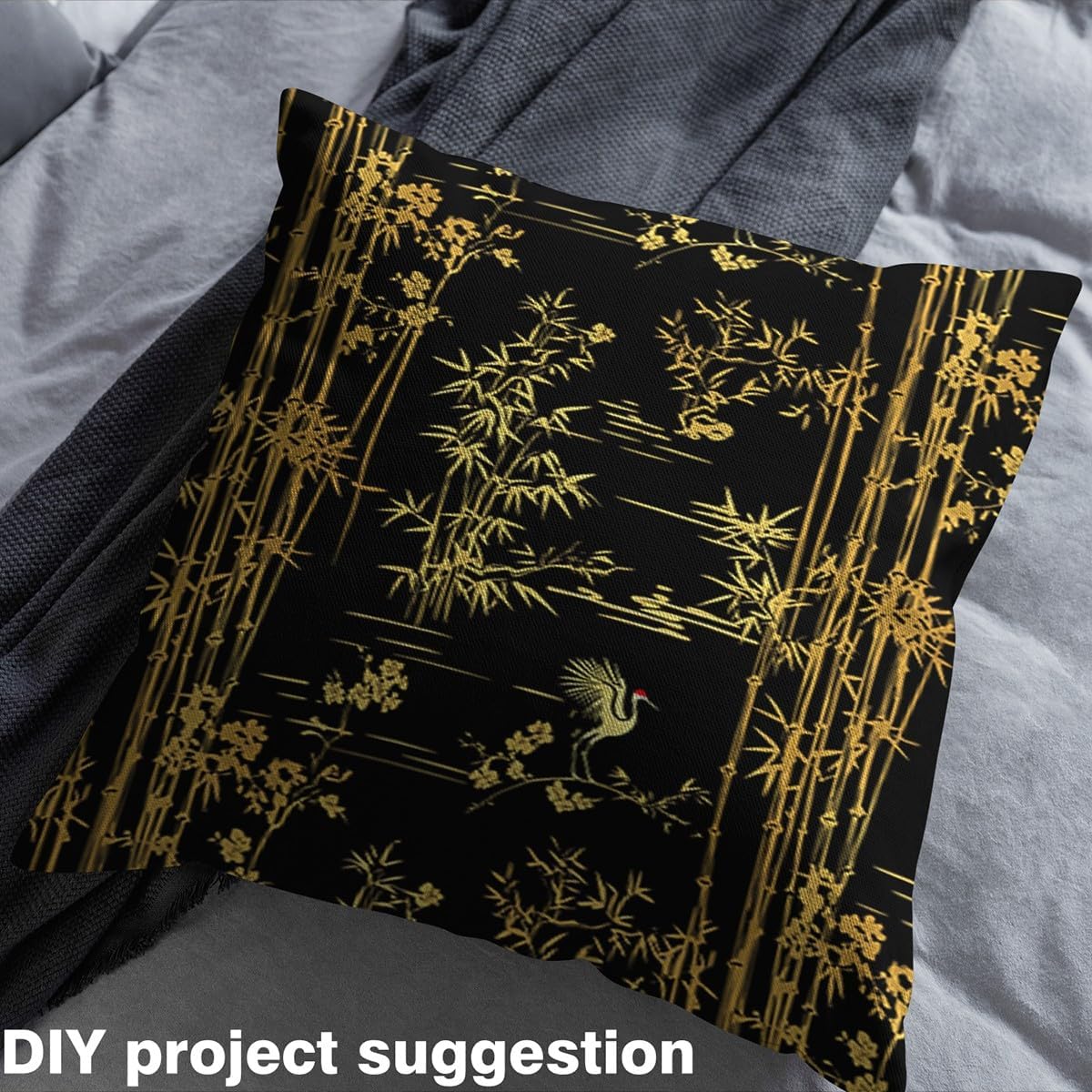 Bamboo Silhouette Fabric by The Yard Gold Sketch Crane Outdoor Plants Fabric for Craft Art Lovers Eastern Style Botanical Leaves Wild Animal Fabric for Room Decor and DIY Upholstery 3 Yards,108"Lx59"W