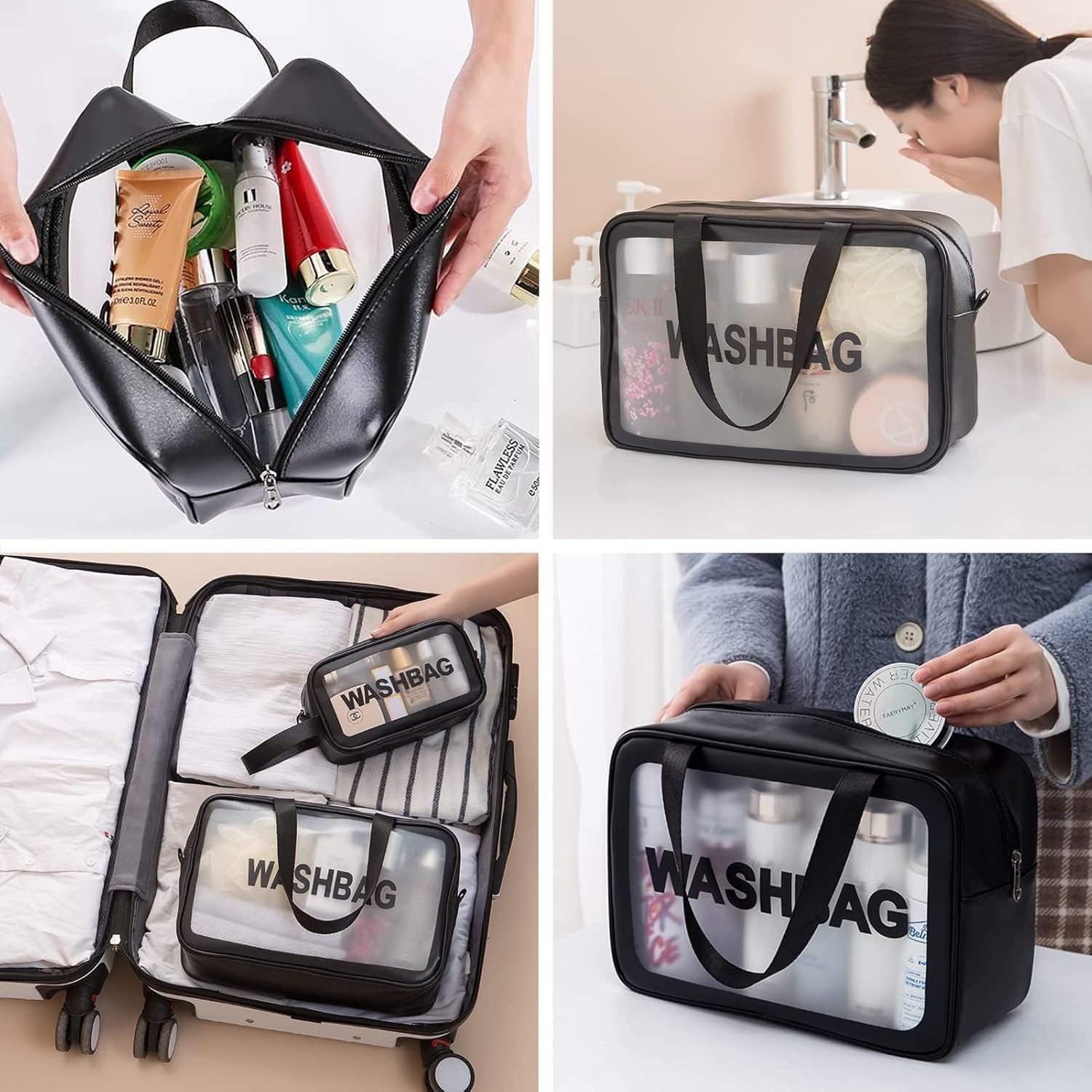 KUKLAR Wash Bag Pouch for Travel Kit Toiletry Bag Cosmetic Bag Make Up Box for Brushes,Accessories with Handle,Large Capacity Translucent Waterproof Travel Storage Mini Size 21X13X7 (Black) 2