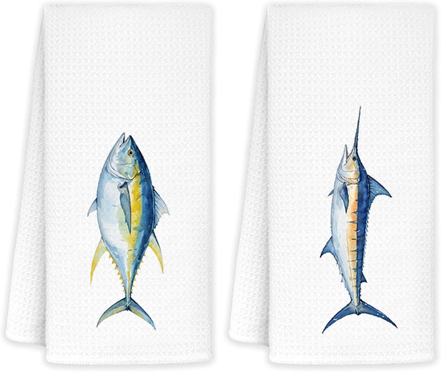 JINYO Coastal Beach Kitchen Towels, Fish Lover Gifts Hand Towels for Bathroom Kitchen Decor, Nautical Ocean Bathroom Decor, Tuna Marlin Fish Decorative Dish Tea Towels, 16x24 Inch Set of 2