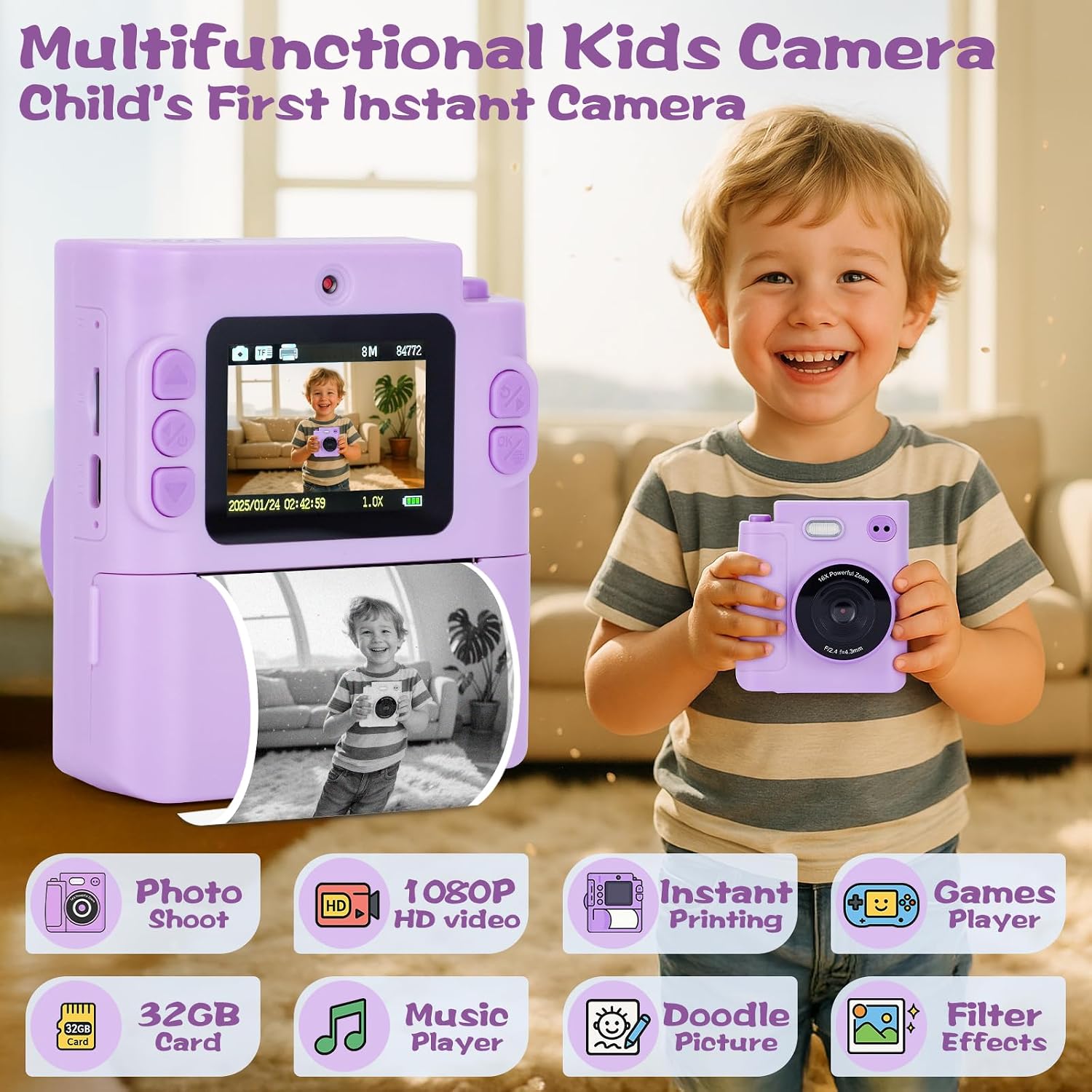 Cudinham Kids Camera Instant Print, Gifts for Age 3-12 Kids, 5 Rolls Paper image 2